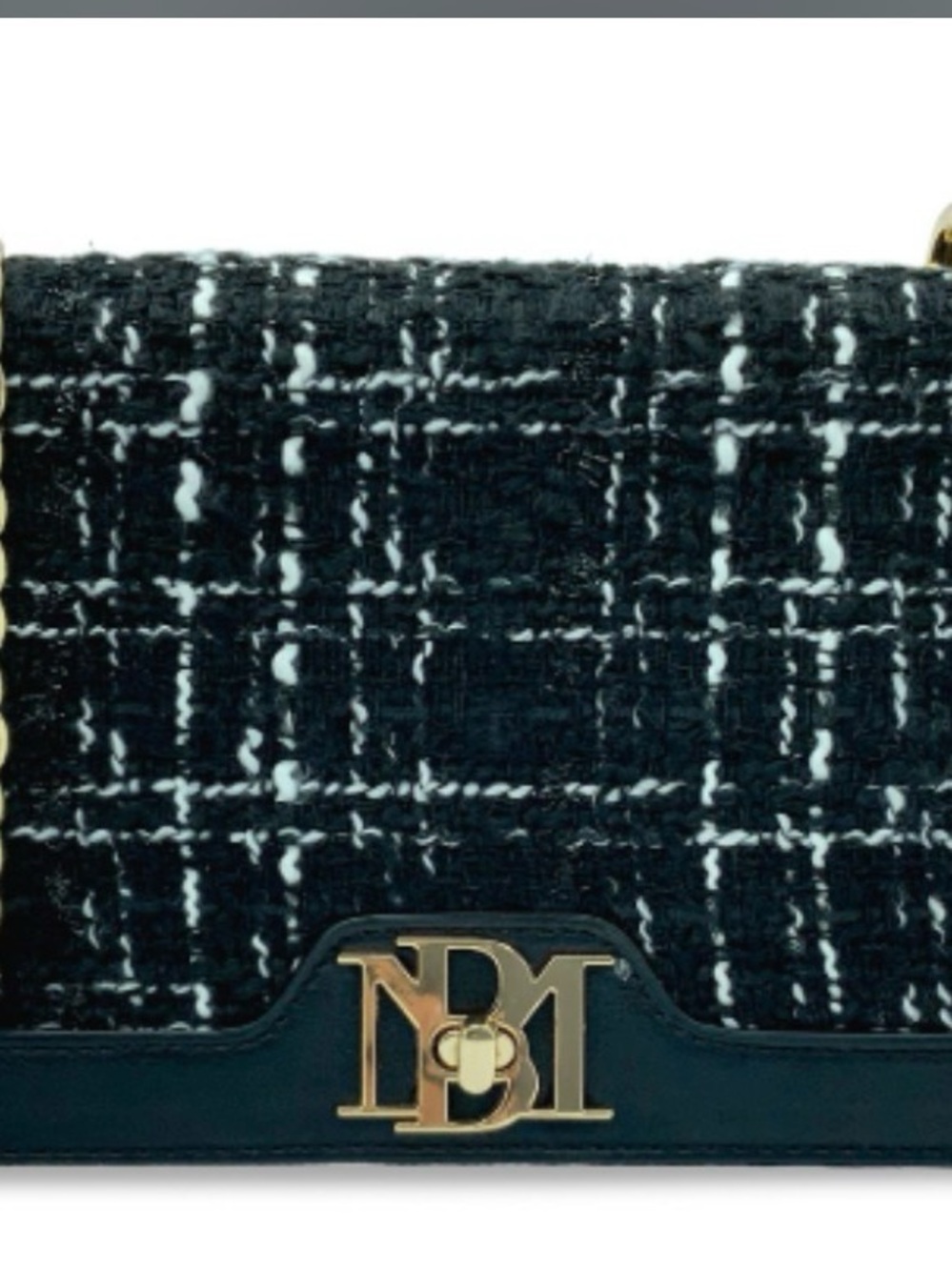 Badgley Mischka Black and White Tweed Crossbody with Gold Logo